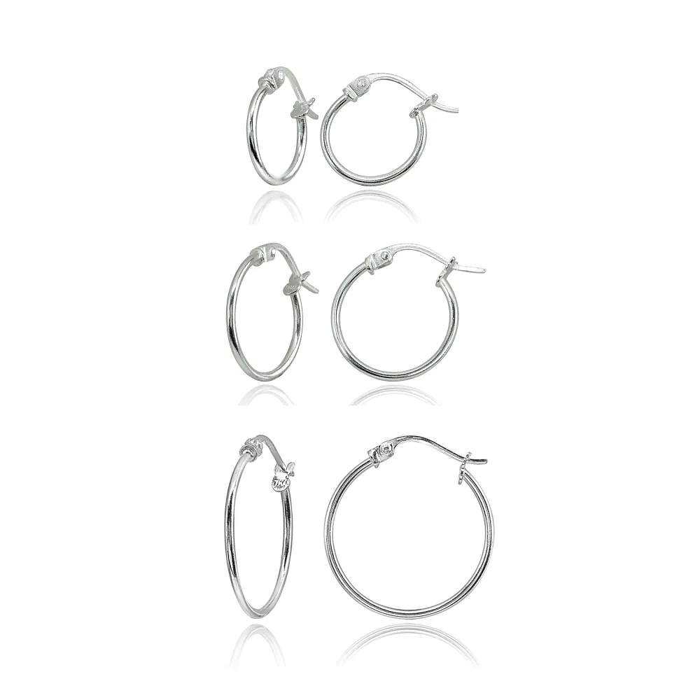 3 Pr Set Silver 1mm Polished Round Thin Unisex Hoop Earrings, 12mm, 15mm, 20mm - Grocery