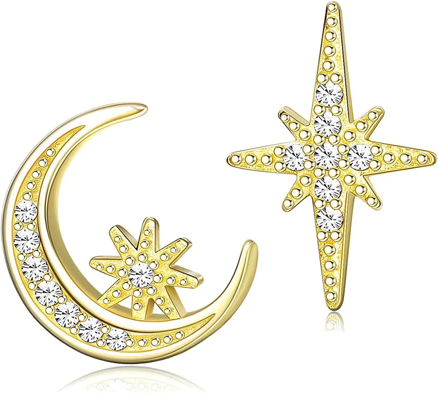 Moon Star Stud Earrings 925 Sterling Silver Hypoallergenic Earrings for Women White Gold Plated Fashion Birthday Gift - Grocery