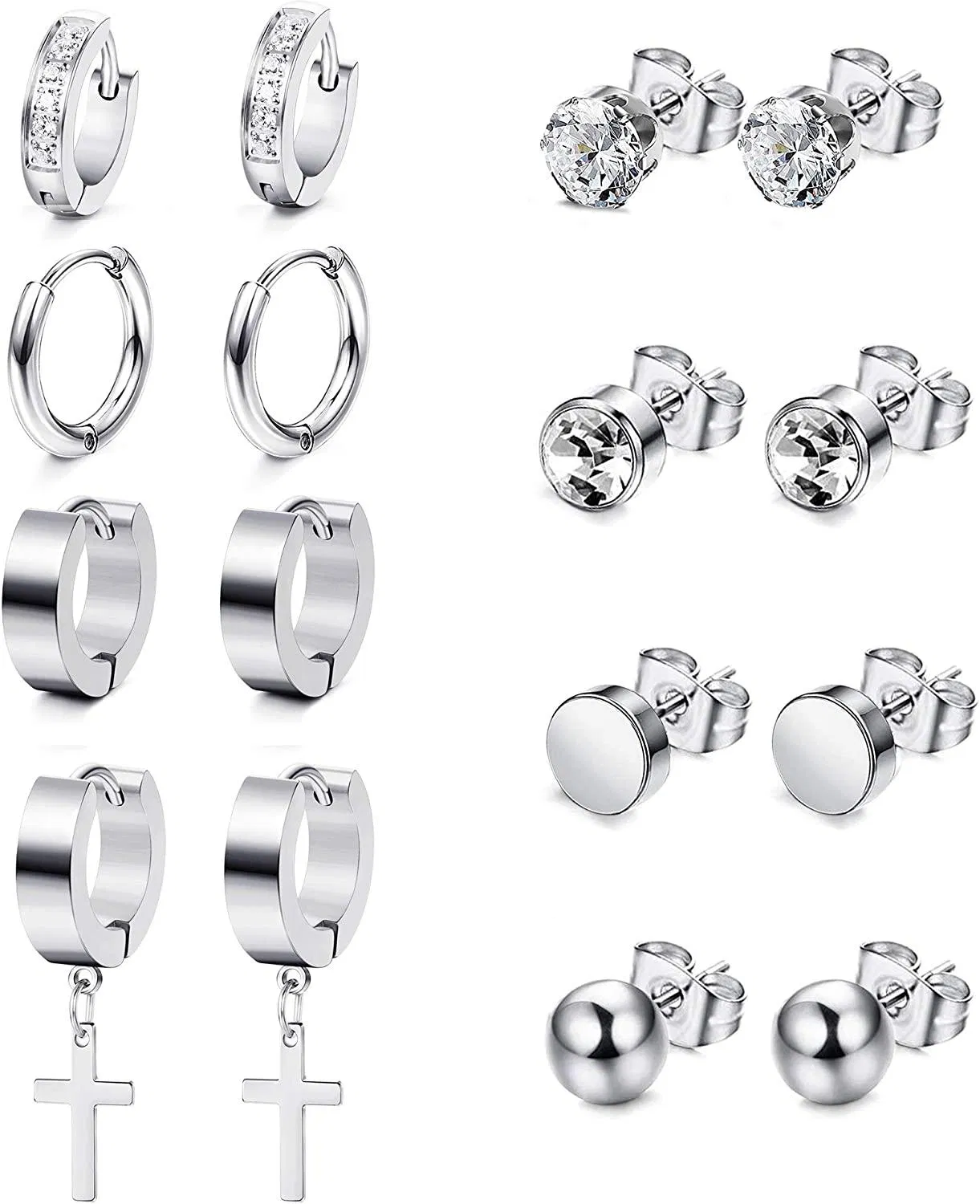 8pairs Stainless Steel Hoop Earrings for Women Mens Ball Cubic Zirconia Stud Earring Small Huggie Diamond Hoop Hanging Cross Studs Hoops Earrings Set - Grocery