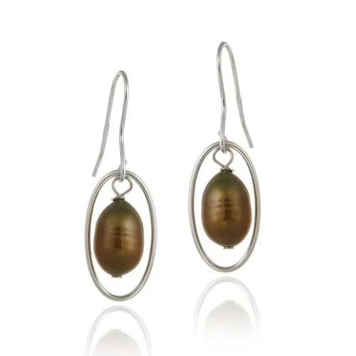 Sterling Silver Brown Freshwater Cultured Pearl Oval Dangle Earrings - Grocery