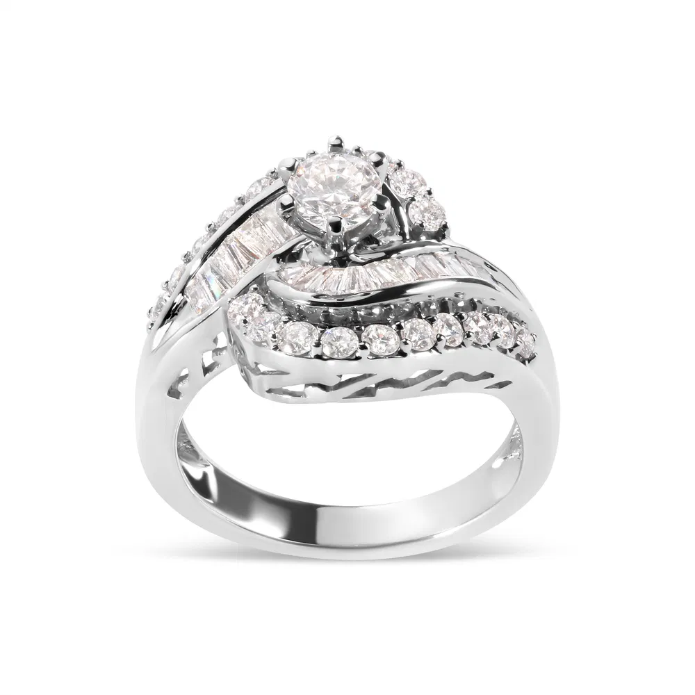 14K White Gold 1.00 Cttw Round and Baguette cut Diamond Swirl Cocktail Ring (H-I Color, SI2-I1 Clarity) - Ring Size 7 - Grocery