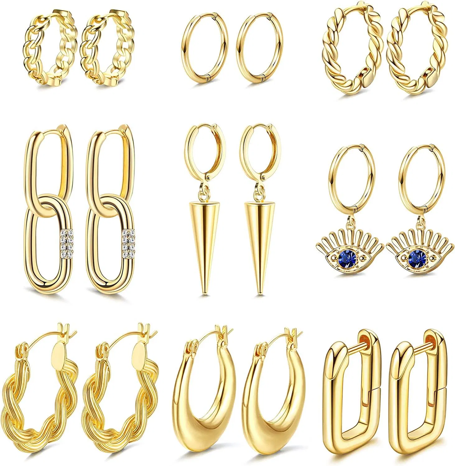 9Pairs Chunky Hoop Earrings for Women Huggie Hoops Earrings Thick Twisted Open Hoops Earrings Set for Multiple Piercing - Grocery