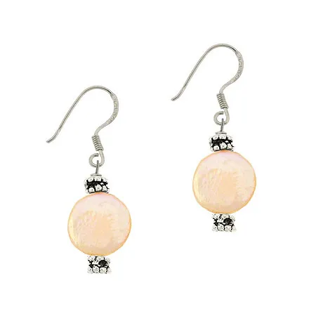 Sterling Silver Peach Freshwater Cultured Coin Pearl & Bali Bead Dangle Earrings - Grocery