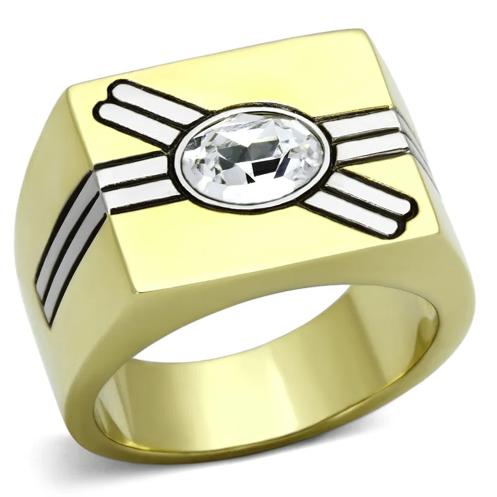 TK1065 - Two-Tone IP Gold (Ion Plating) Stainless Steel Ring with Top Grade Crystal in Clear - Grocery