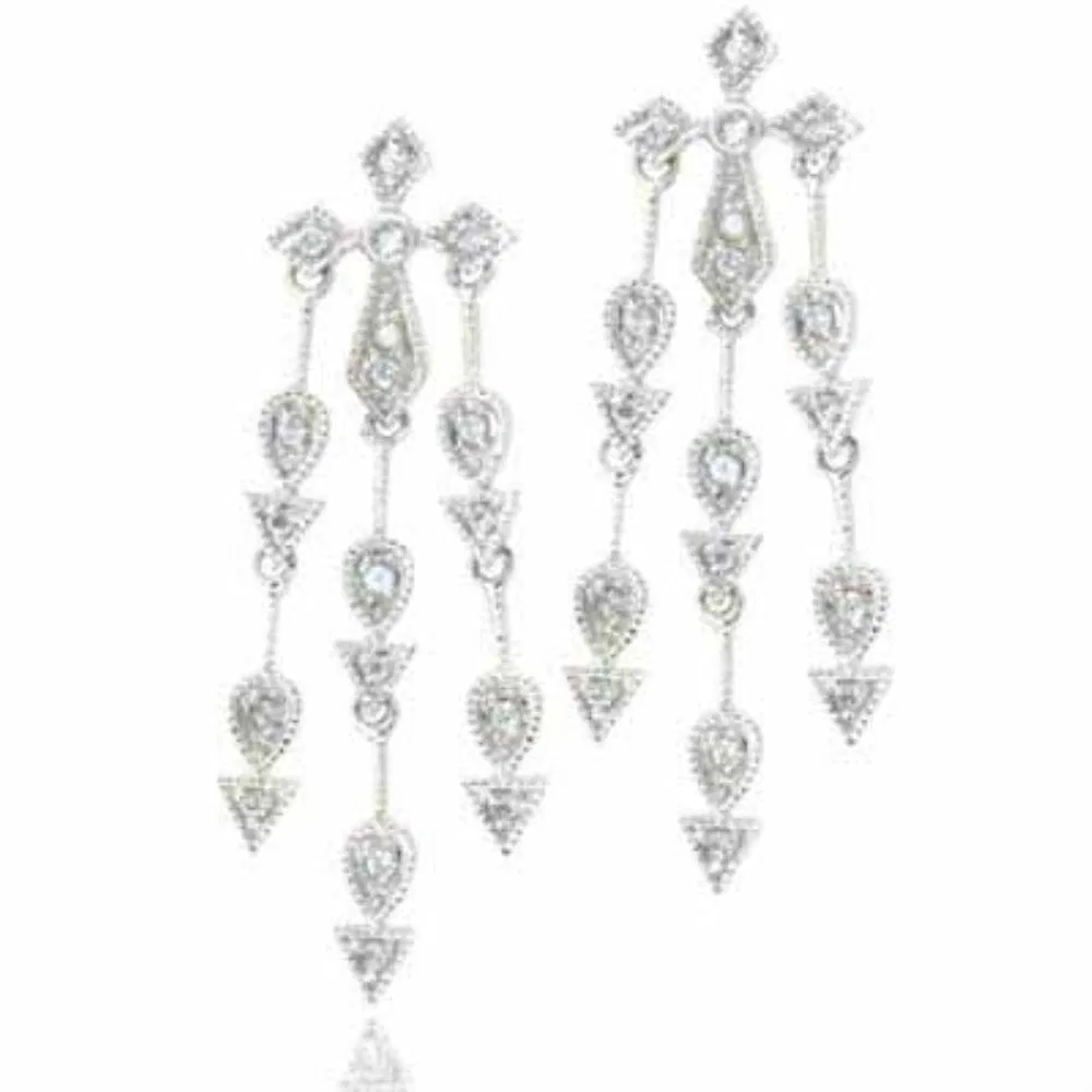 Sterling Silver Simulated Diamond CZ Three strand Cross Chandelier Earrings - Grocery