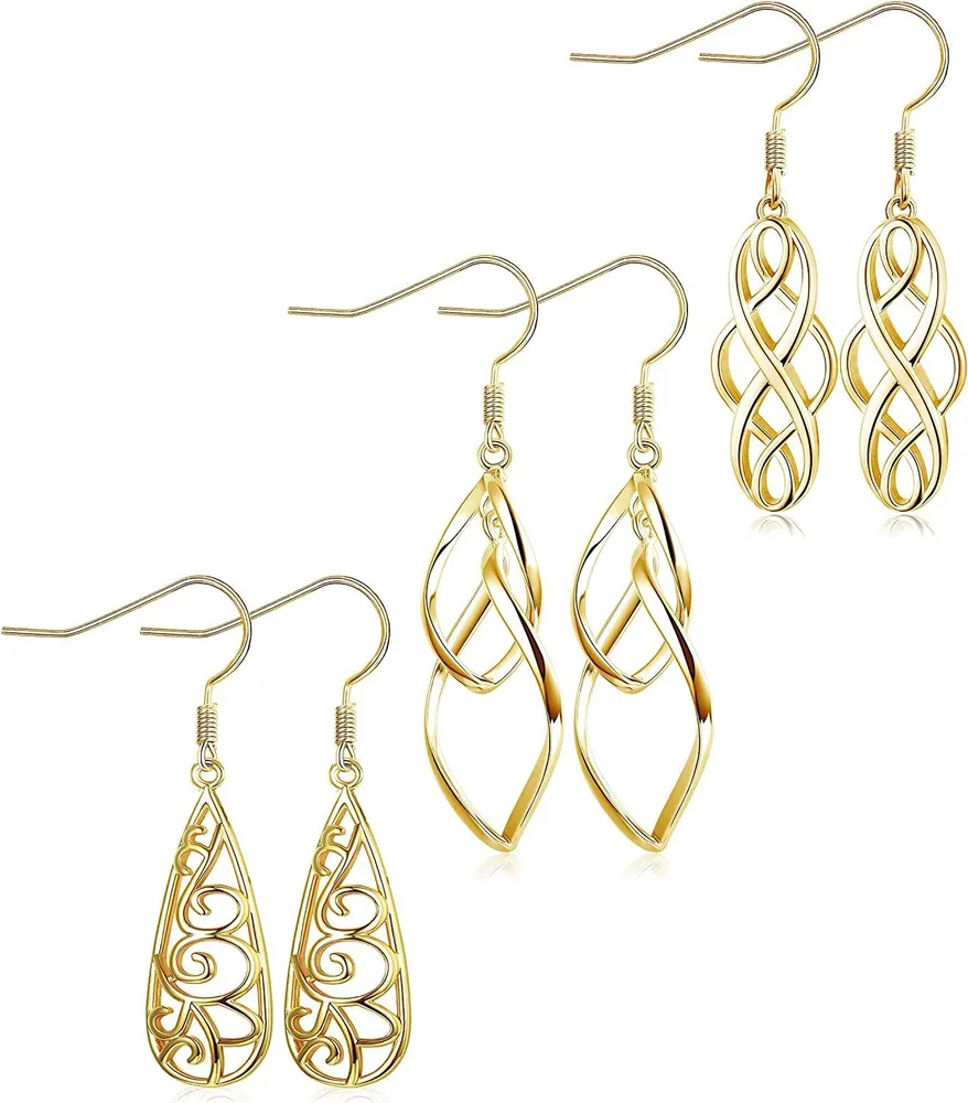 3 Pairs Celtic Knot Dangle Earrings for Women Silver Twist Wave Filigree Teardrop Fashion Earring Jewelry - Grocery