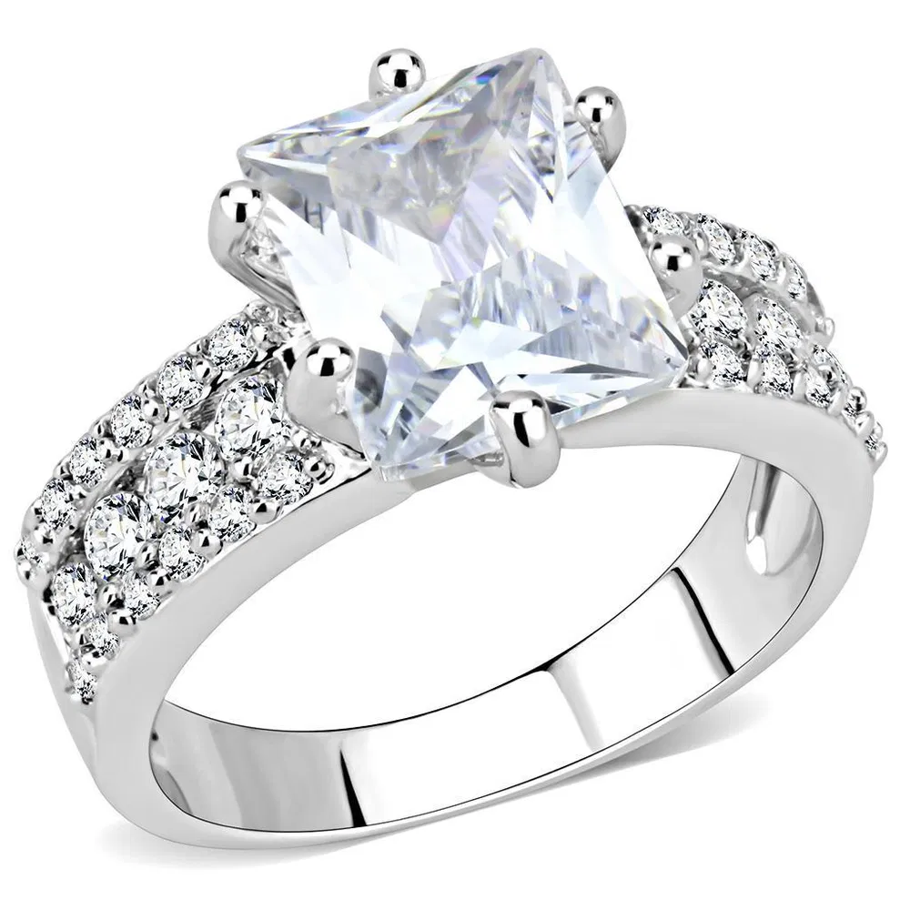 3W1532 - Rhodium Brass Ring with AAA Grade CZ in Clear - Grocery