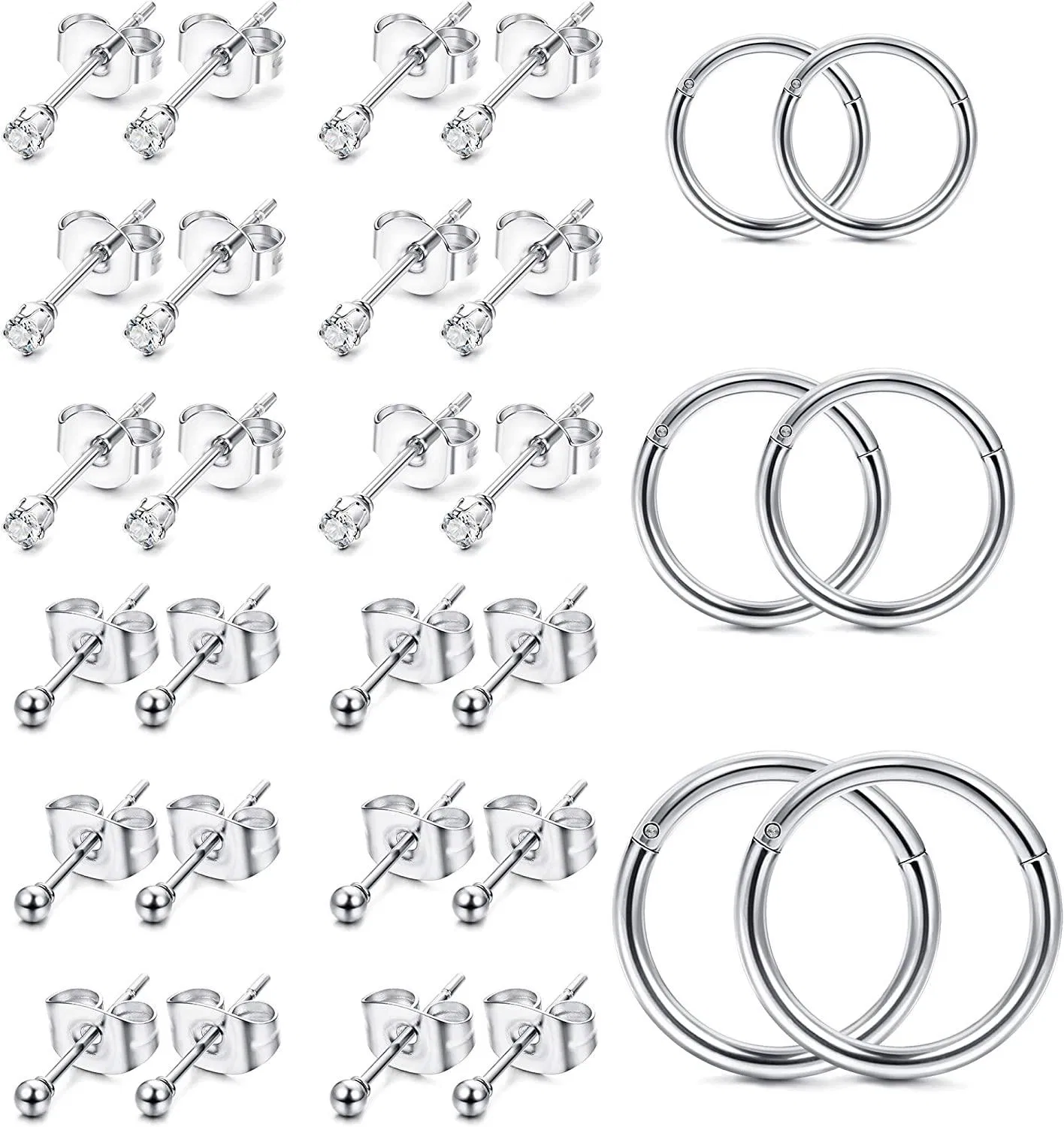 Stainless Tiny Stud Earrings for Men Women Ball Hoop CZ Helix Conch Piercing Set - Grocery