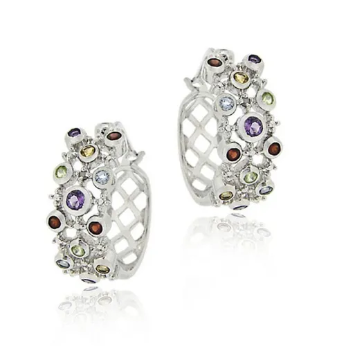 Sterling Silver Diamond Accent Multi Gemstone Bubble Hoop Earrings - Grocery