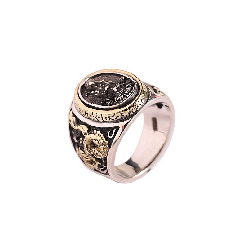 S925 Silver Antique Finish Silver Jewelry Trendy Personality Hip Hop Style South Sea Guanyin Ring Men's Ring - Grocery