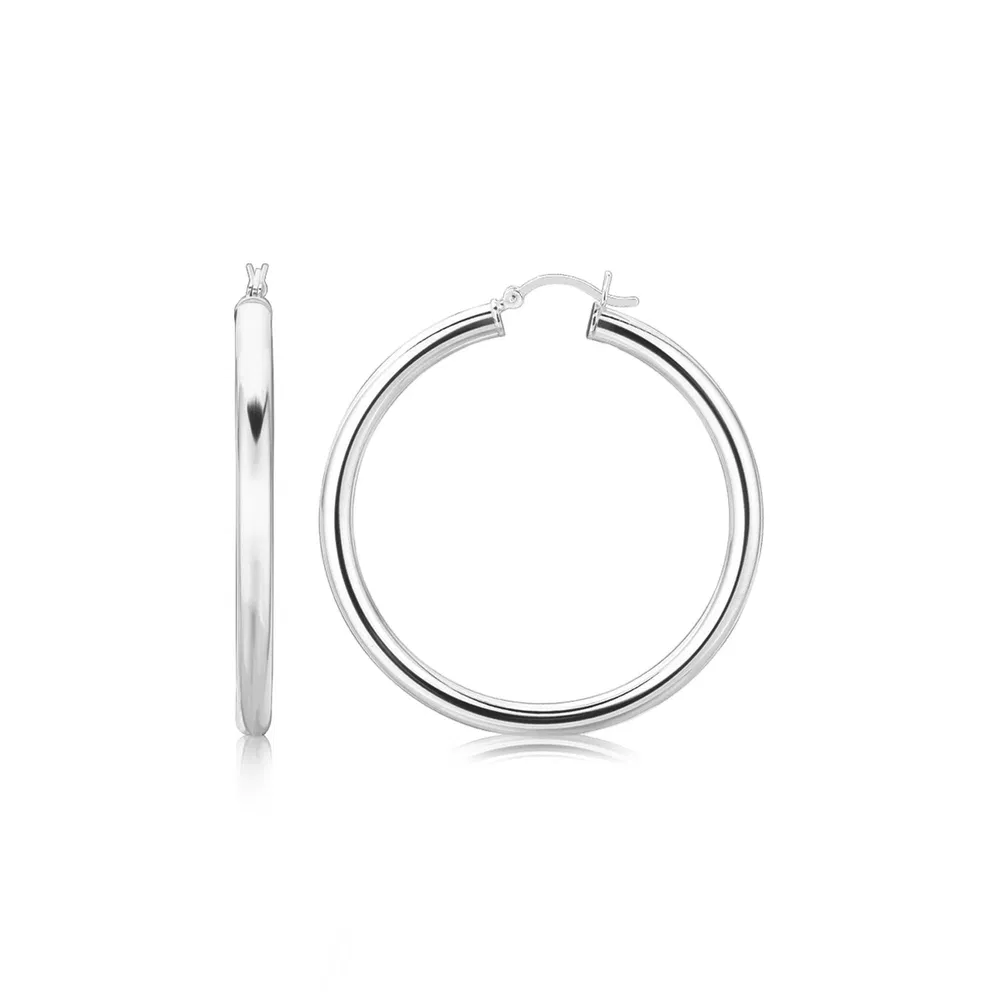 Sterling Silver Rhodium Plated Thick Large Polished Hoop Design Earrings (4x40mm) - Grocery