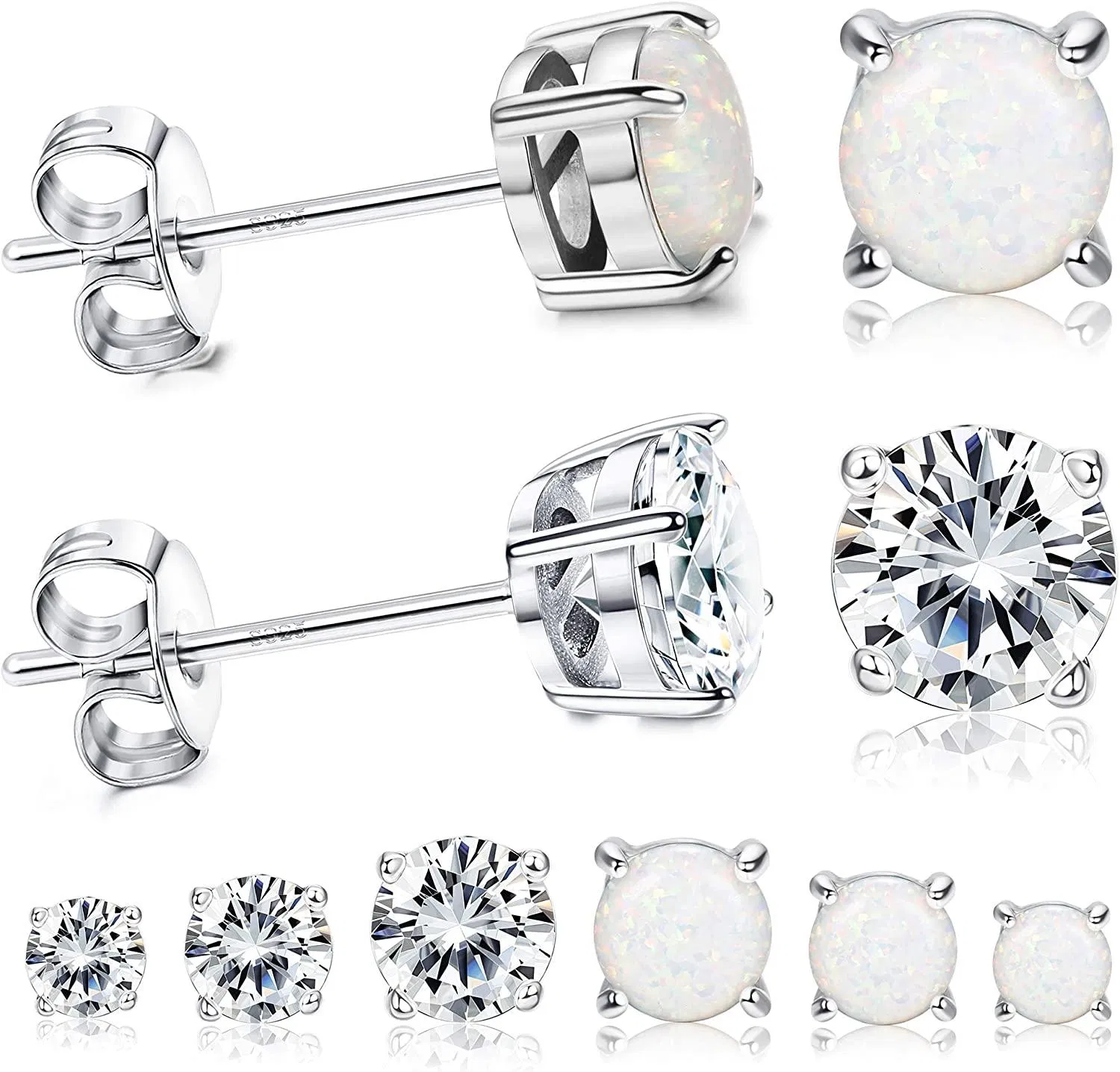 6Pairs Stud Earrings for Women 925 Sterling Silver Post CZ Earrings Opal Earrings Set with Gift Box - Grocery
