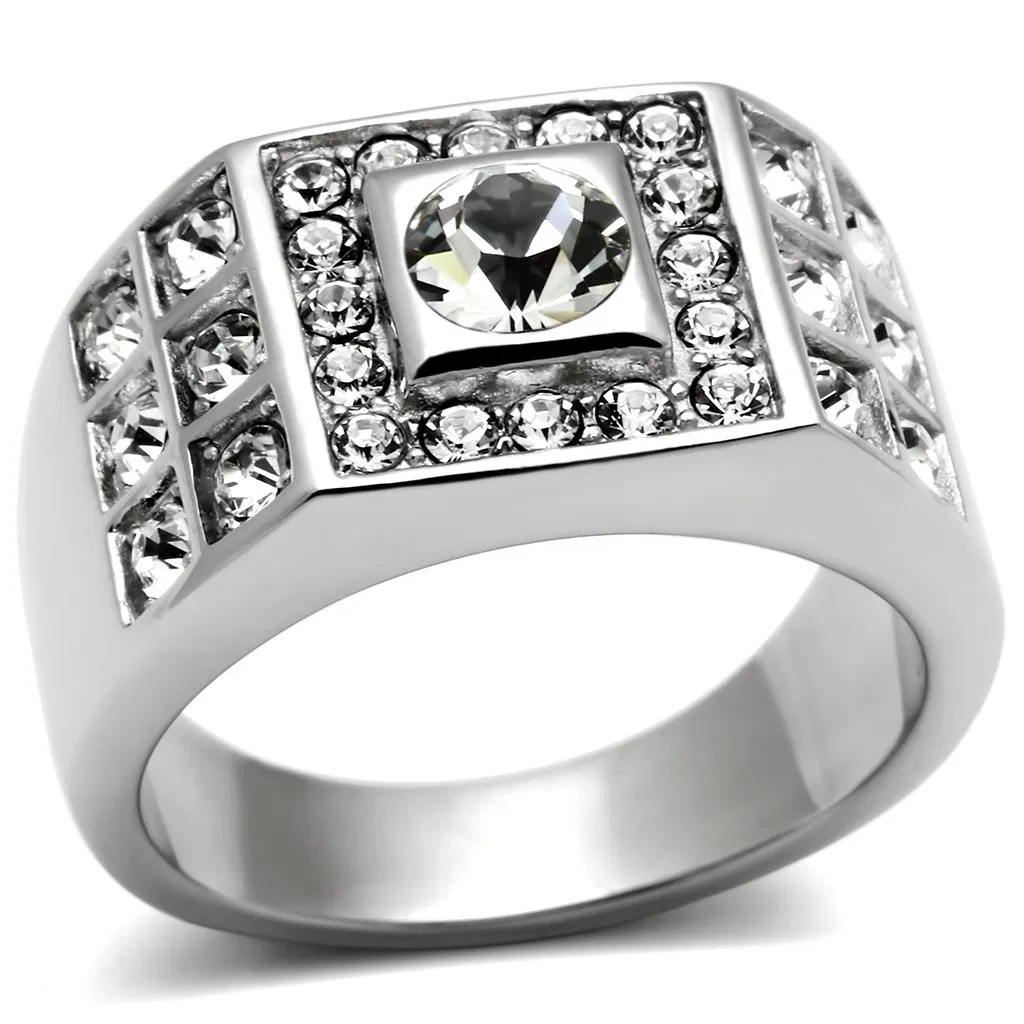 TK350 - High polished (no plating) Stainless Steel Ring with Top Grade Crystal in Clear - Grocery
