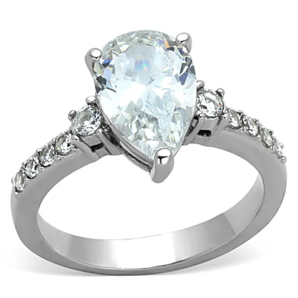 TK1493 - High polished (no plating) Stainless Steel Ring with AAA Grade CZ in Clear - Grocery