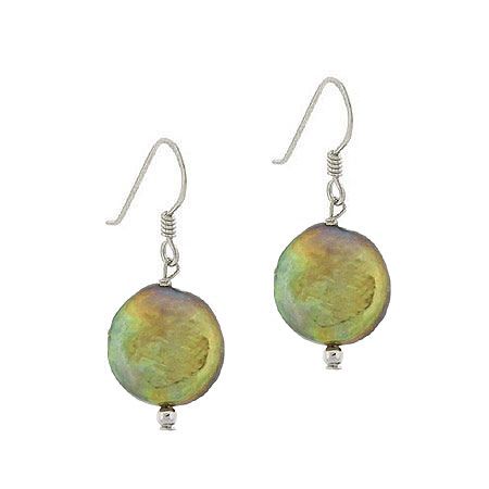 Sterling Silver Freshwater Cultured Green Coin Pearl Dangle Earrings - Grocery