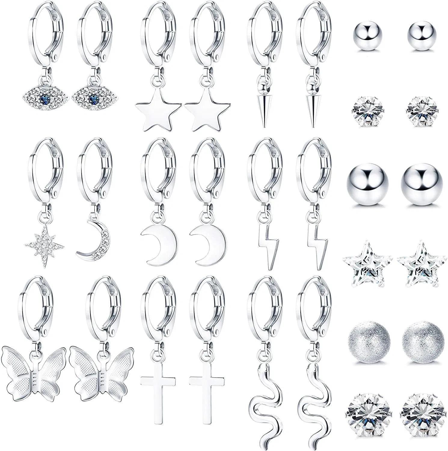 15 Pairs Small Dangle Hoop Earrings for Women Cute Snake Butterfly Star and Moon Lightning Huggie Hoop Earrings Ball Cubic Zirconia Stud Earring Set - Grocery
