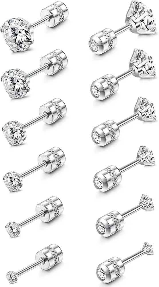 6 Pairs Stud Earrings for Women Men Stainless Double Round Cubic Zirconia CZ Earrings Screw Back 2-7MM - Grocery