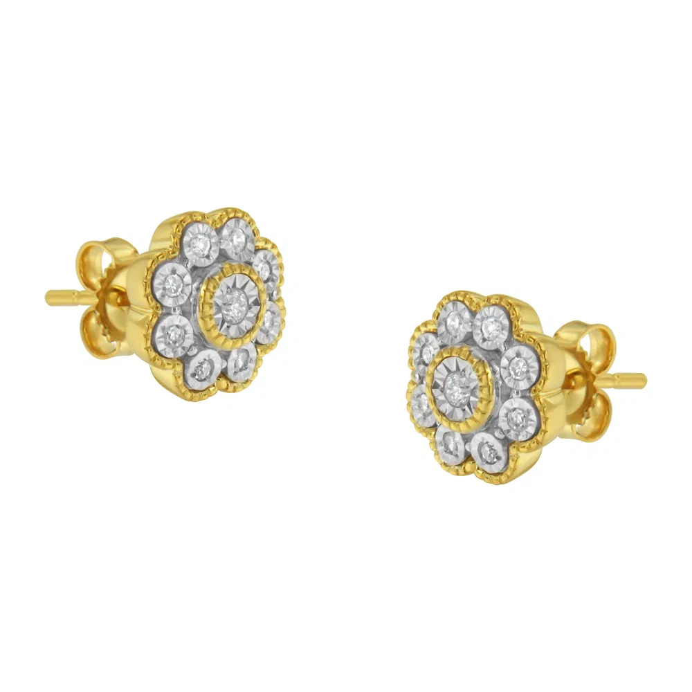 14K Yellow Gold Plated .925 Sterling Silver 1/6 Cttw Miracle-Plate Set Diamond Floral Stud Earrings (I-J Color, I2-I3 Clarity) - Grocery