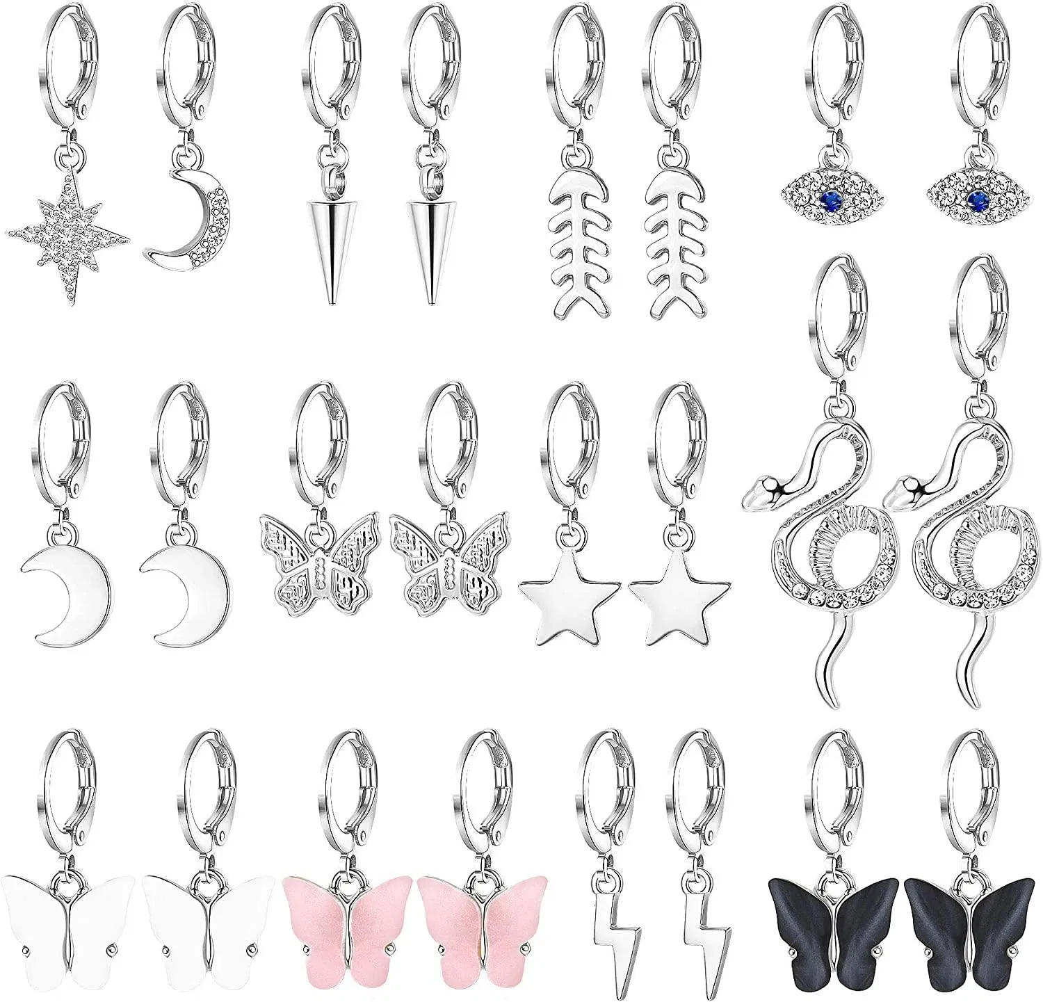 12 Pairs Gold & Earring Sets for Women Dangle Small Hoop Earrings Cute Butterfly Earrings Snake Star Moon Lightning Huggie Hoop Earrings - Grocery