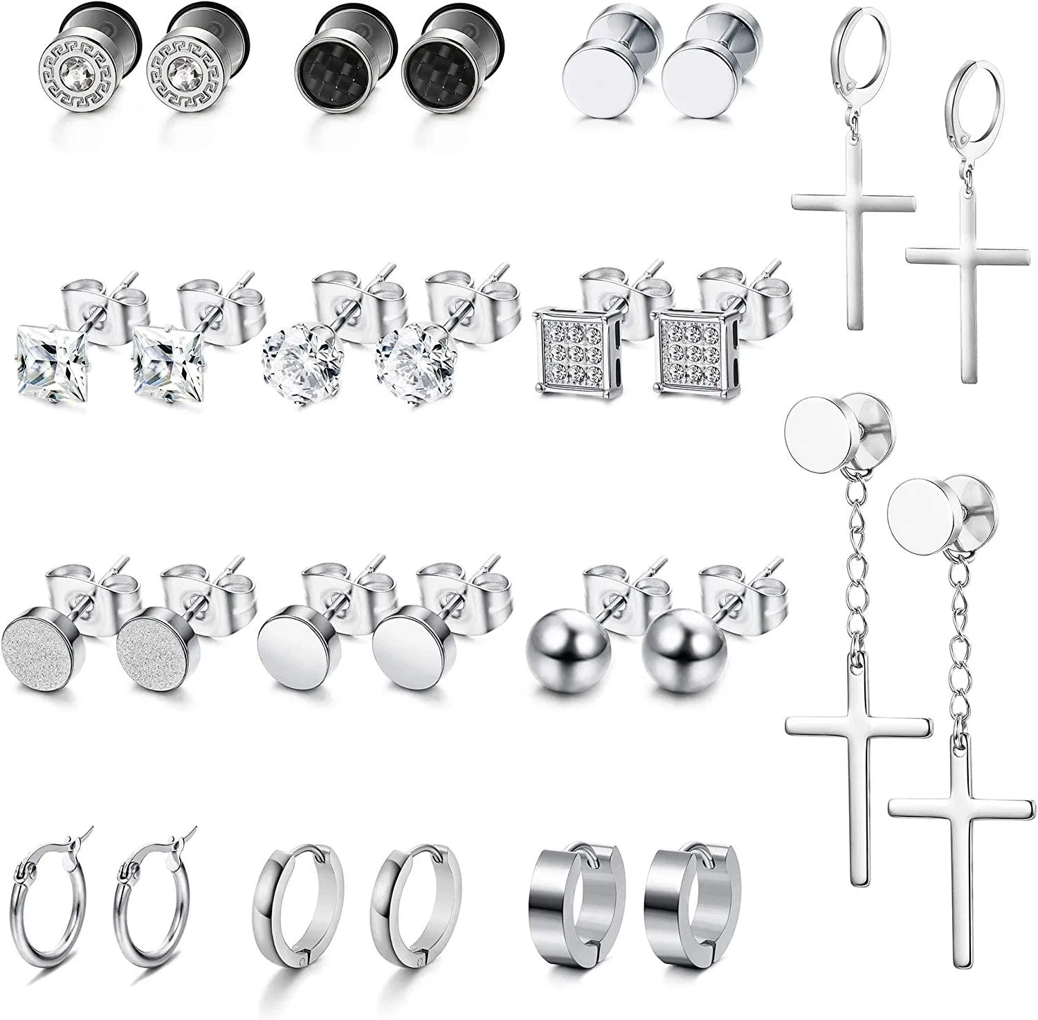 14 Pairs Stainless Stud Earrings for Women Men Cross Dangle Hinged Earrings Huggie Hoop Earrings Ball Geometric Stud Earrings Piercing Set - Grocery