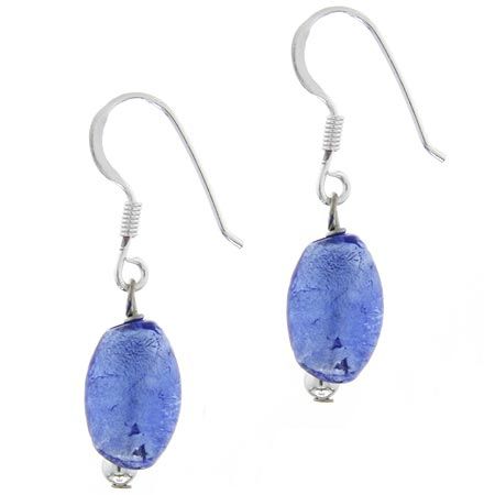 Sterling Silver Royal Blue Foil Glass Oval Dangle Earrings - Grocery