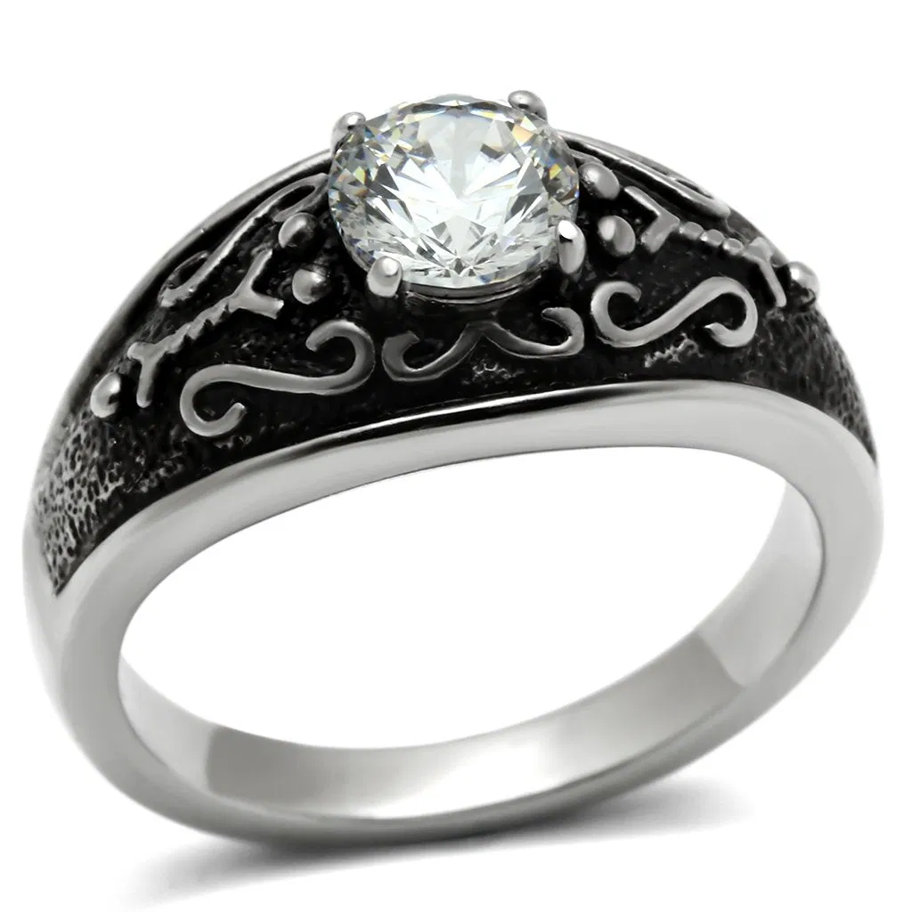 TK373 - High polished (no plating) Stainless Steel Ring with AAA Grade CZ in Clear - Grocery