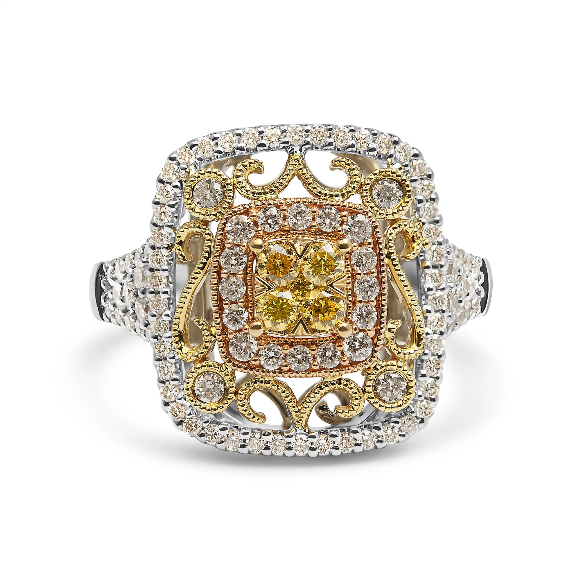 14K Tri-Toned Gold 1.00 Cttw Yellow Diamond Halo and Milgrain Cocktail Cluster Ring (Yellow/G-H Color, SI1-SI2 Clarity) - Ring Size 7 - Grocery