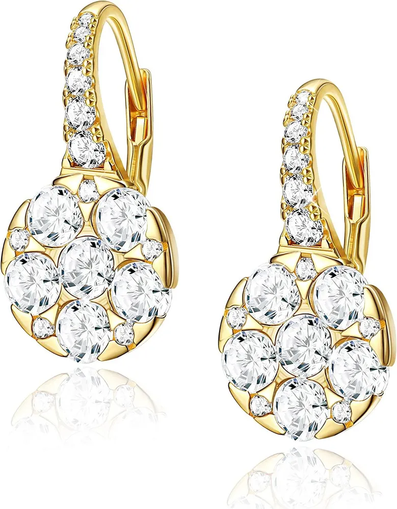 925 Sterling Cubic Zirconia Drop Earrings 18K Gold Plated Round Leverback Earrings Simple Basic Dangle Earrings For Women - Grocery