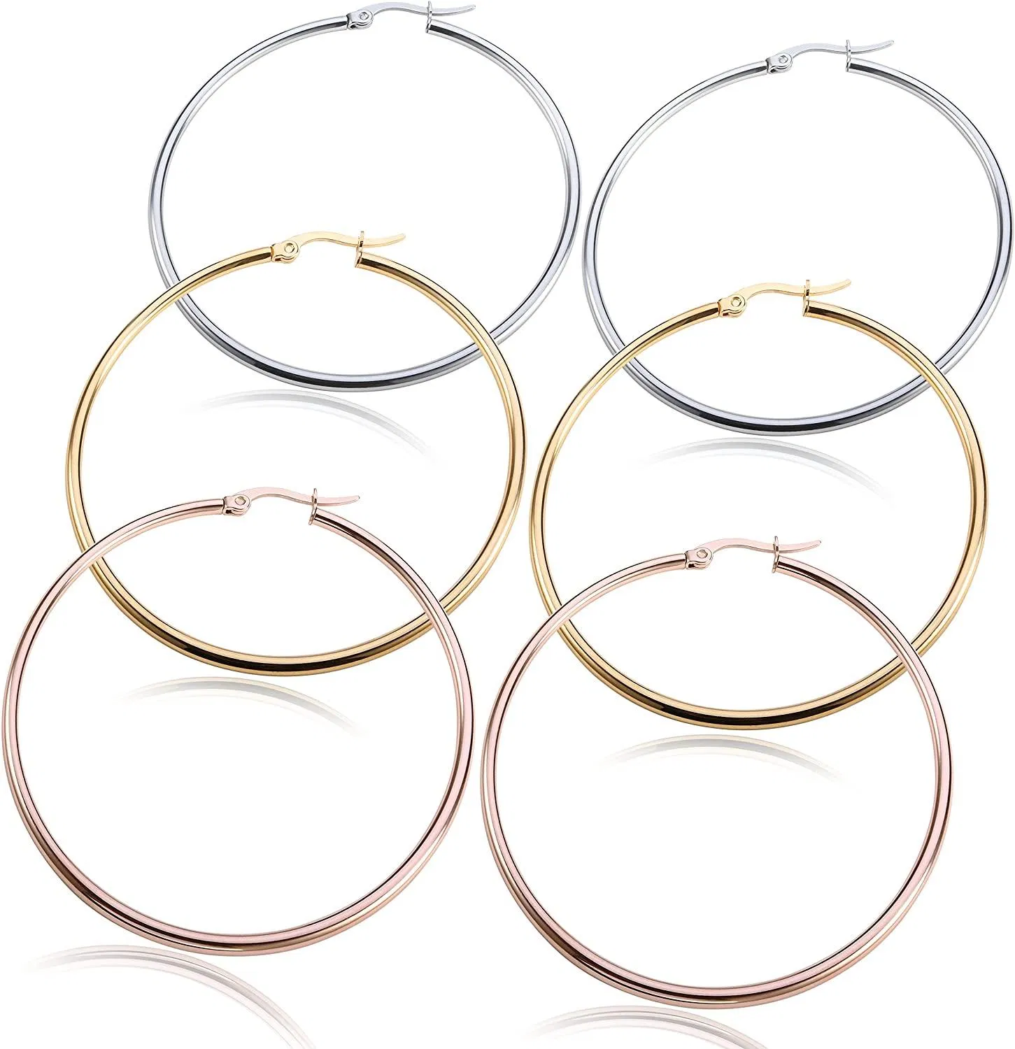 3Pairs Stainless Mens Womens Large Hoop Earrings Sets for Women 40-60mm - Grocery