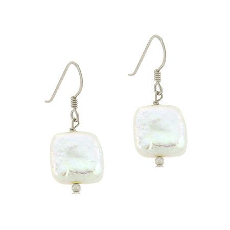 Sterling Silver .925 Genuine Freshwater Cultured Iridescent White Coin Pearl Square Bead Dangle Hook Earrings - Grocery