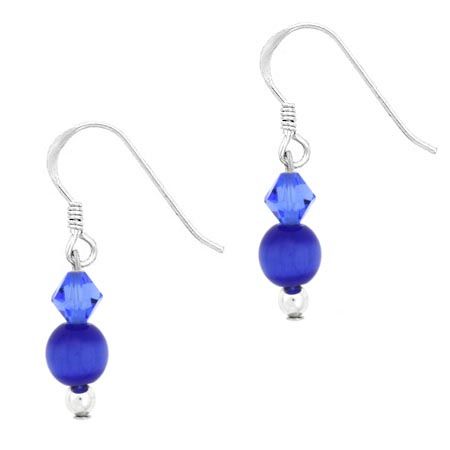 Sterling Silver .925 Royal Blue Glass Cats Eye Genuine Swarovski Elements Bead Beaded Earrings - Grocery