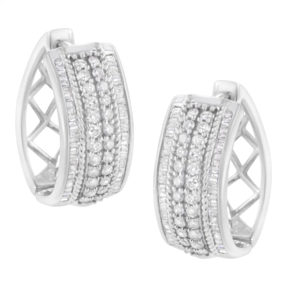 .925 Sterling Silver 1.0 Cttw Round and Baguette-Cut Diamond Hoop Earring (H-I Color, I2-I3 Clarity) - Grocery