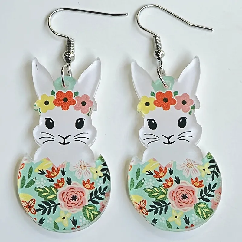 Easter Rabbit Flower Basket Cute Printed Egg Chick Spring Floral Earrings - Grocery