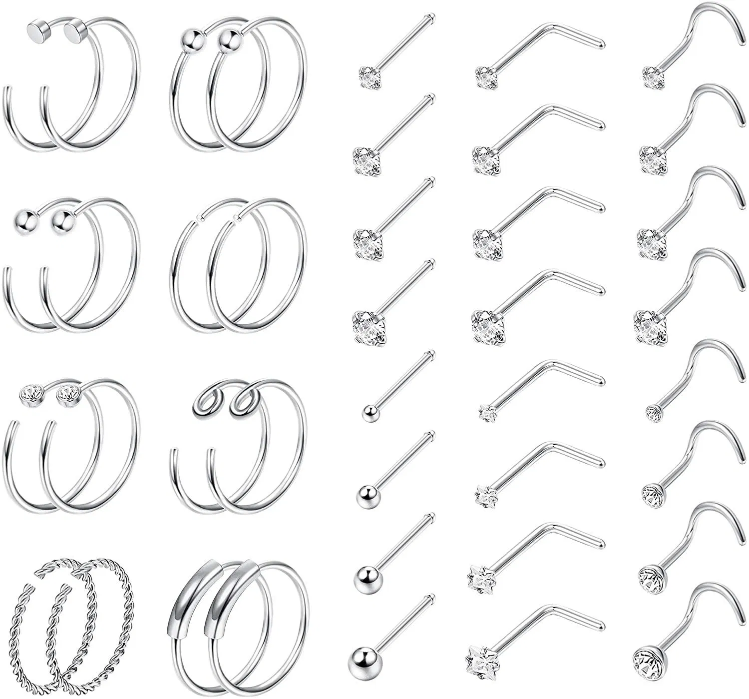 40Pcs 20G Stainless Steel Nose Rings Hoop Bone Screw L Shaped Nose Studs CZ Tragus Cartilage Nose Ring Labret Nose Piercing Jewelry for Men Women Silver - Grocery
