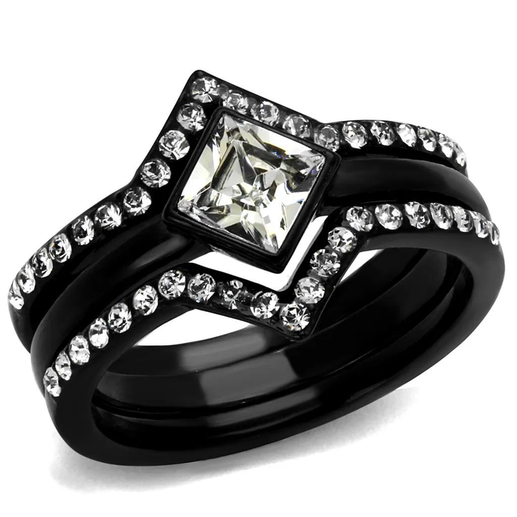 TK2185 - IP Black(Ion Plating) Stainless Steel Ring with Top Grade Crystal in Clear - Grocery