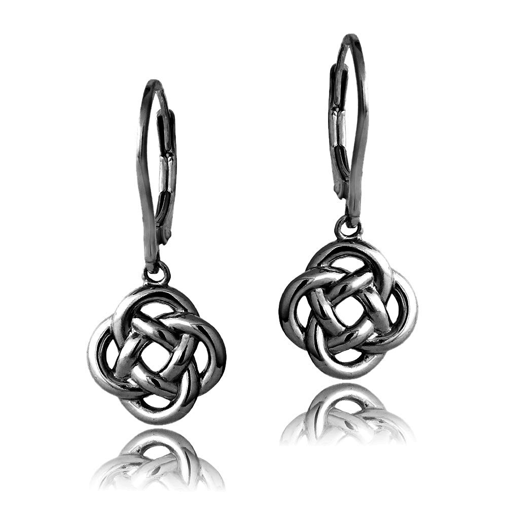Love Knot Flower Dangle Leverback Earrings in Black Plated Sterling Silver - Grocery