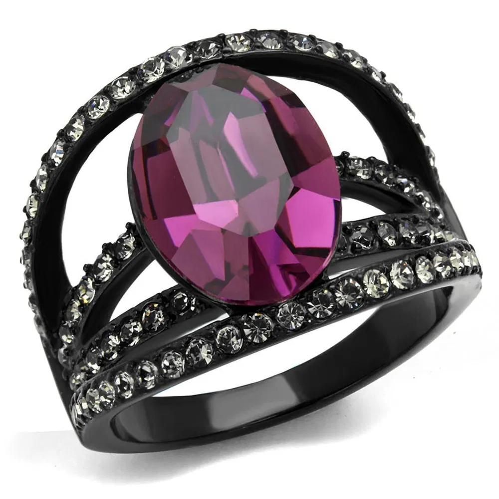 TK2348 - IP Black(Ion Plating) Stainless Steel Ring with Top Grade Crystal in Amethyst - Grocery