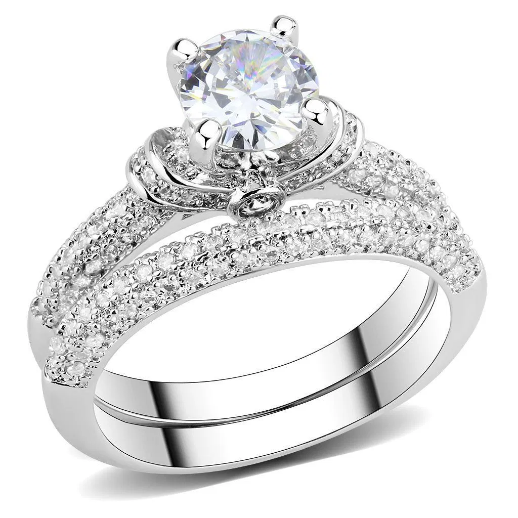 3W1555 - Rhodium Brass Ring with AAA Grade CZ in Clear - Grocery