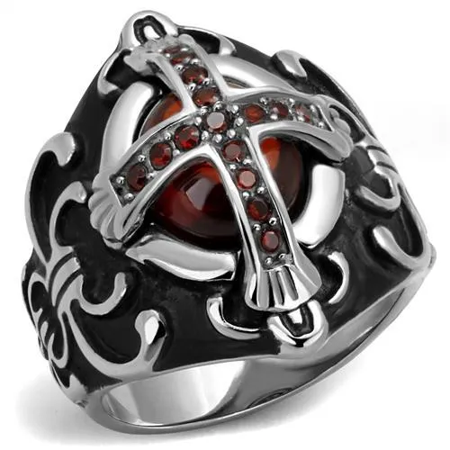 TK2507 - High polished (no plating) Stainless Steel Ring with AAA Grade CZ in Garnet - Grocery