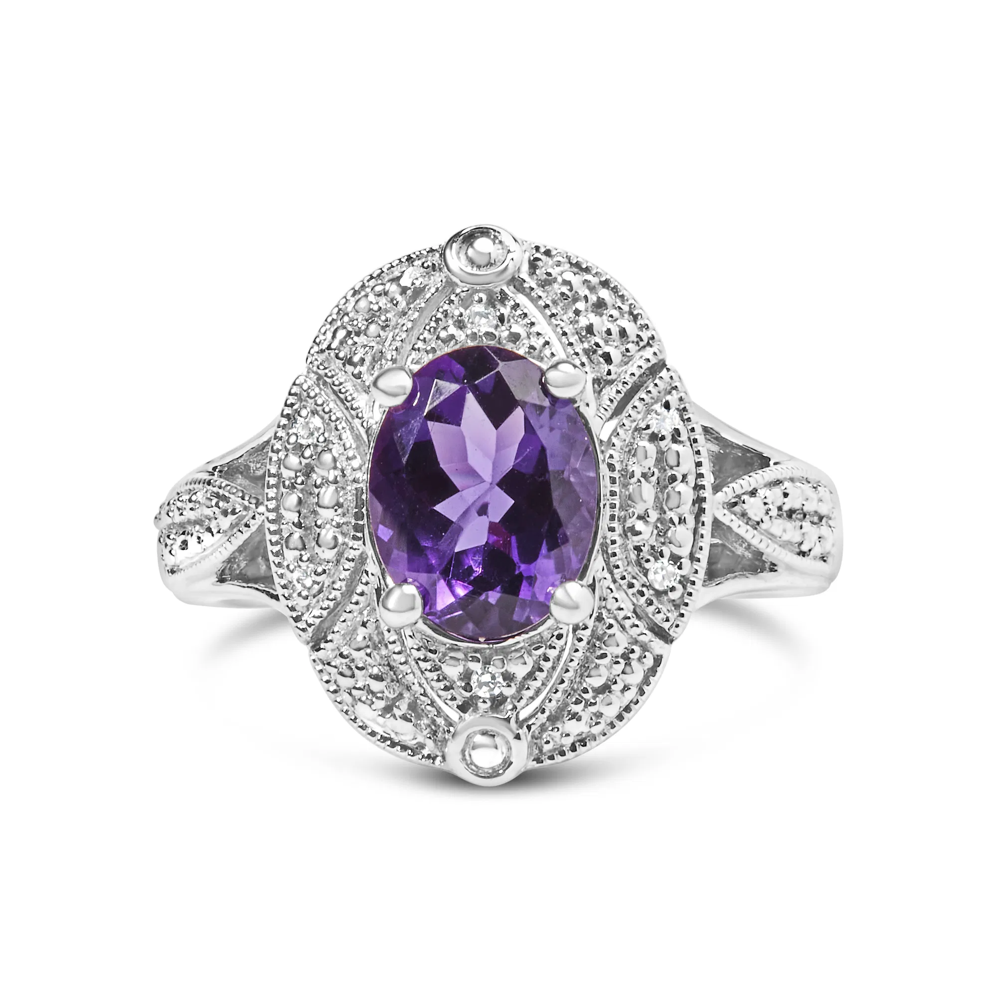 .925 Sterling Silver 9x7mm Oval Purple Amethyst and Round Diamond Accent Fashion Cocktail Ring (I-J Color, I1-I2 Clarity) - Grocery