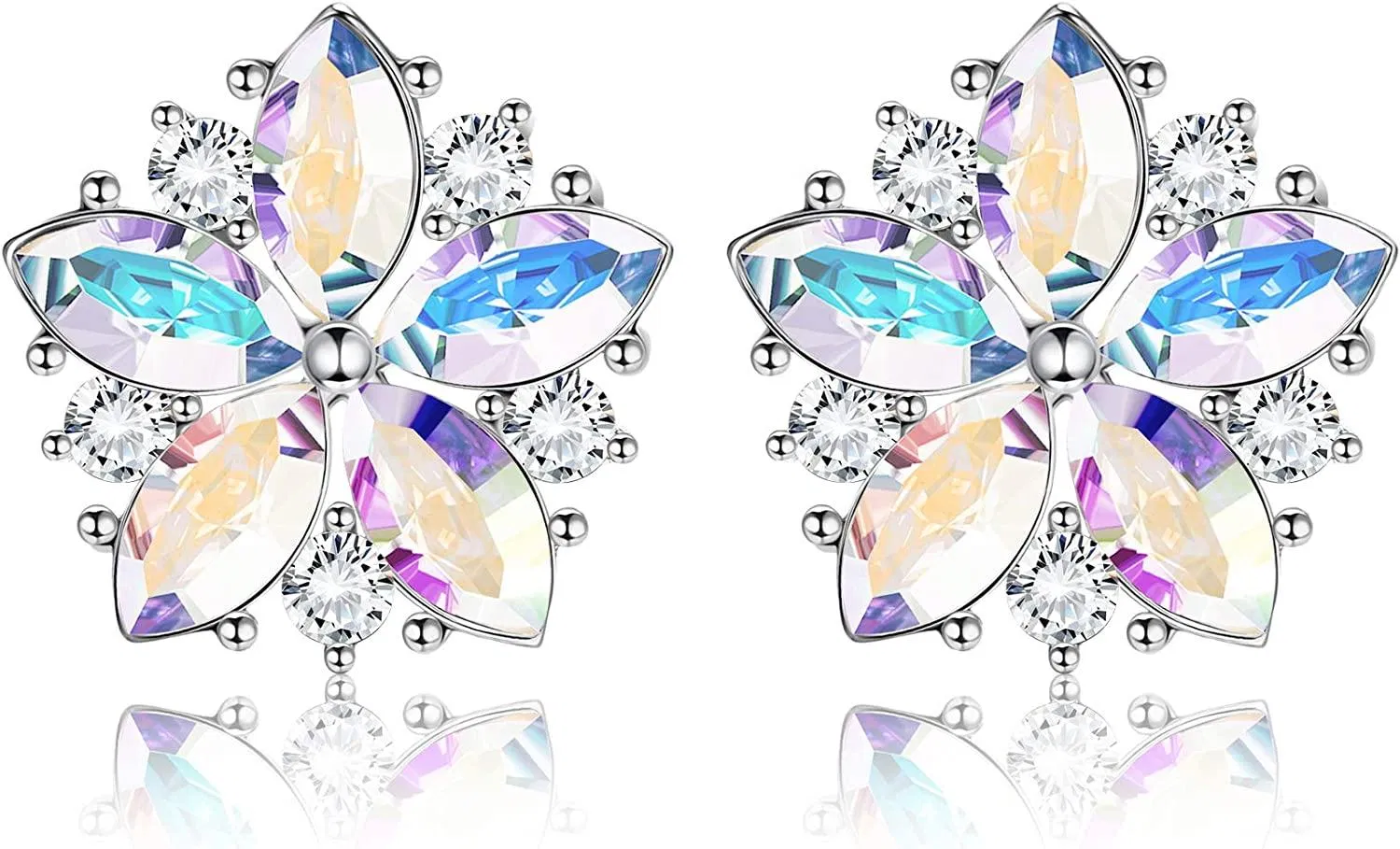 18k White Gold Cherry Blossom Flower Stud Earrings for Women 12mm Austria Aurora Crystals Sakura Earrings Birthday Anniversary Jewelry - Grocery