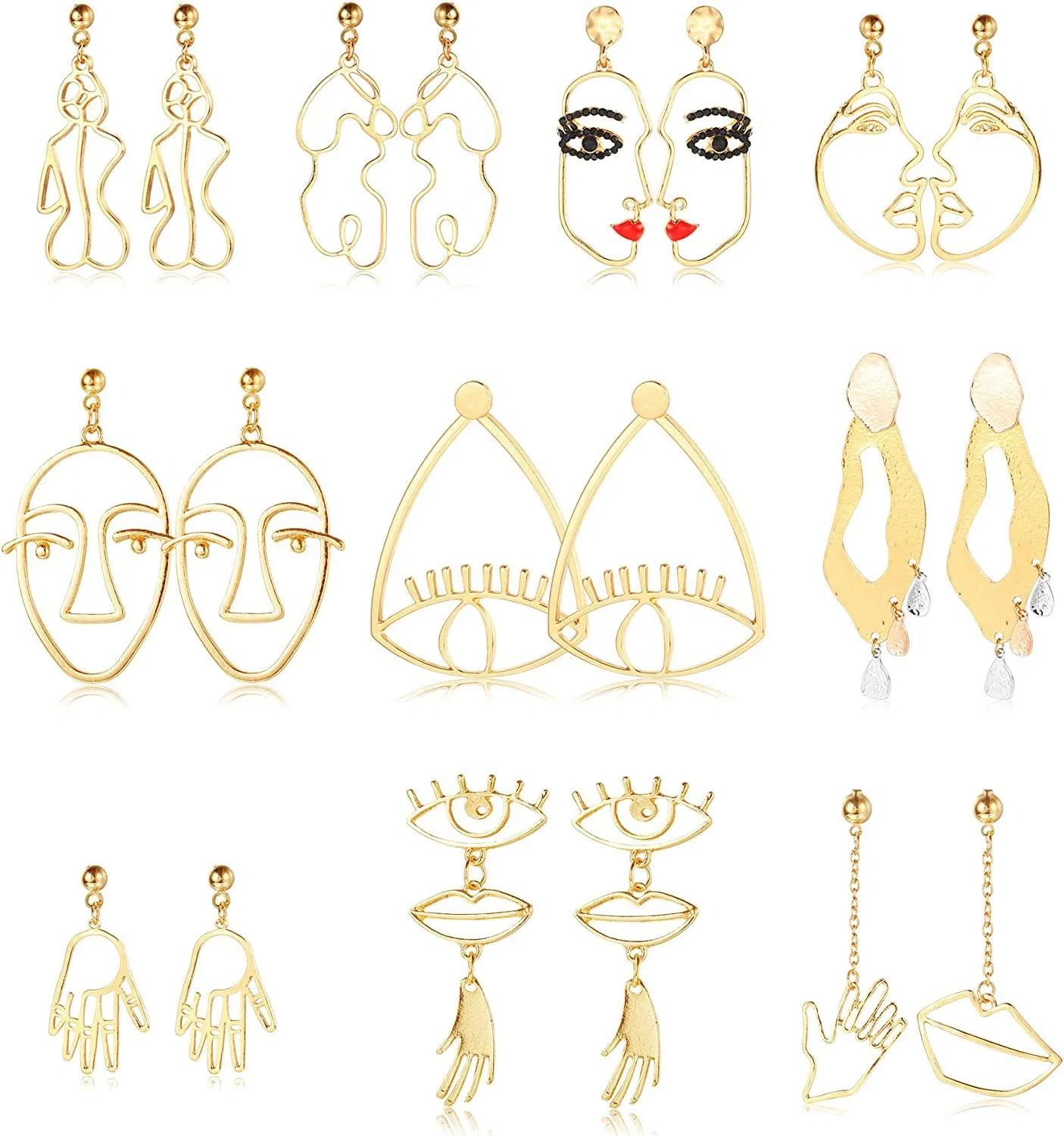 10 Pairs Abstract Face Earrings for Women Unique Eyes Lips Hollow Hand Face Outline Earrings Funky Statement Silver Gold Face Drop Dangle Earrings Set - Grocery