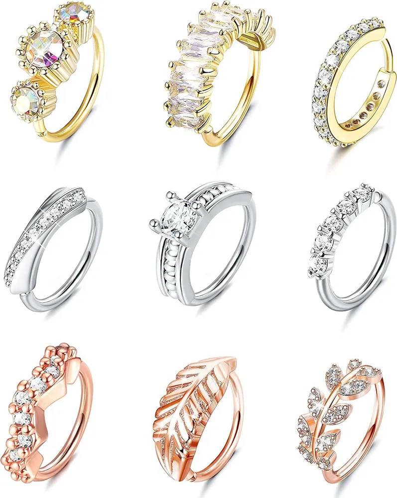 9Pcs 20G Stainless Nose Ring Hoop Stud Paved Clear CZ Leaf Feather Crawler Nose Ear Cartilage for Women Men Nose Ear Body Piercing Hoop - Grocery