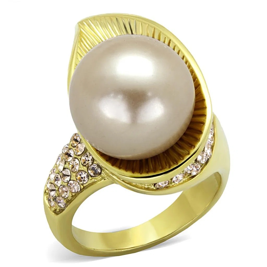 TK2131 - IP Gold(Ion Plating) Stainless Steel Ring with Synthetic Pearl in Champagne - Grocery