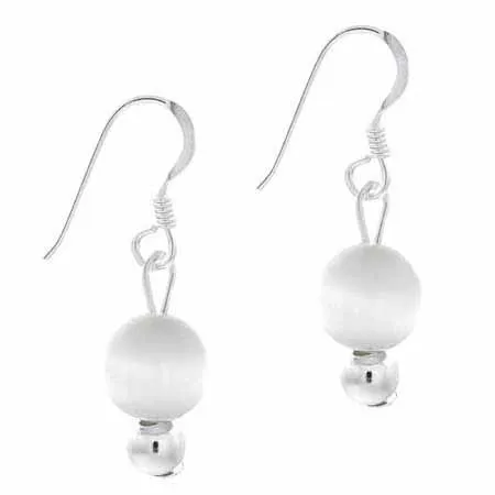 Sterling Silver 6mm White Cats Eye Bead Dangle Earrings - Grocery