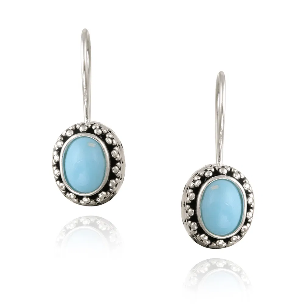 Sterling Silver Created Turquoise Bali Bead Oval Leverback Earrings - Grocery