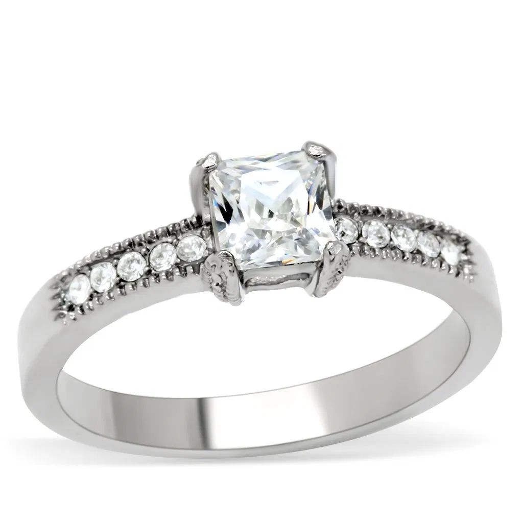 TK199 - High polished (no plating) Stainless Steel Ring with AAA Grade CZ in Clear - Grocery