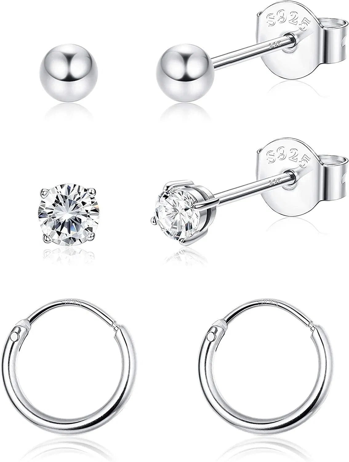 3 Pairs Set with Austrian Zirconia Earrings Set for Women Round Ball CZ Stud Earrings Small Hoop Earrings White Gold 18K Gold Plated - Grocery