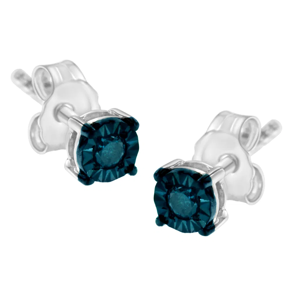 .925 Sterling Silver 1/10 Cttw Round Brilliant-Cut Blue Diamond Miracle-Set Stud Earrings (Fancy Color-Enhanced, I2-I3 Clarity) - Grocery
