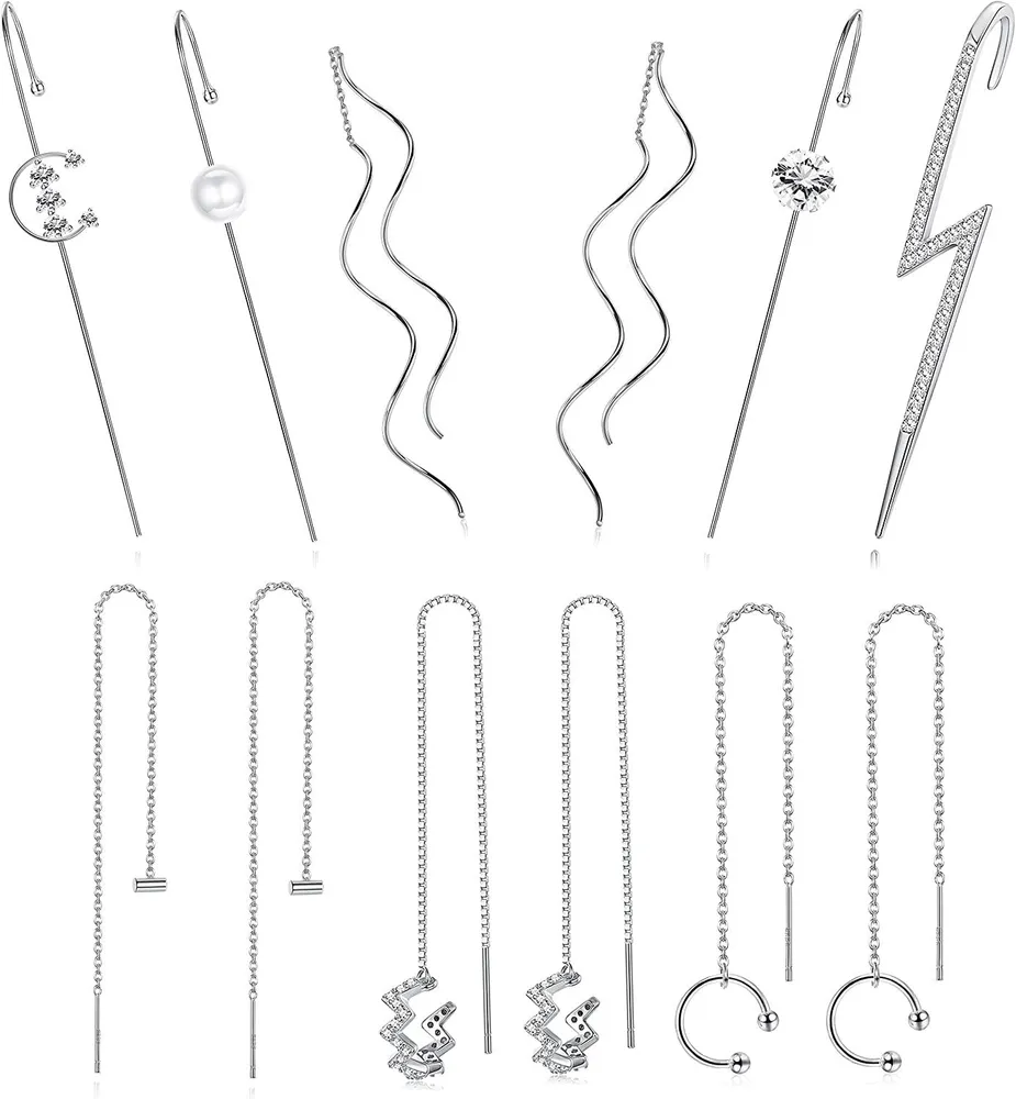 Stainless Steel Threader Earrings for Women Chain Tassel Wave Drop Earrings Set Lightweight Ear Cuff Wrap Hook Earrings - Grocery